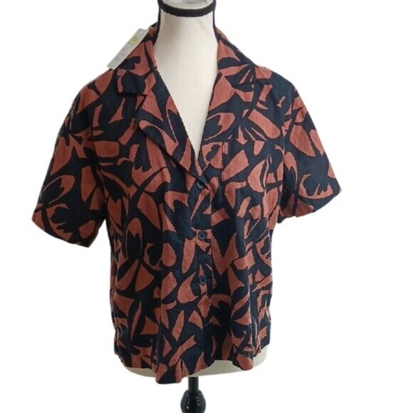 A New Day Button Down Shirt Brown Linen Blend Tropical Floral Womens - Picture 3 of 10